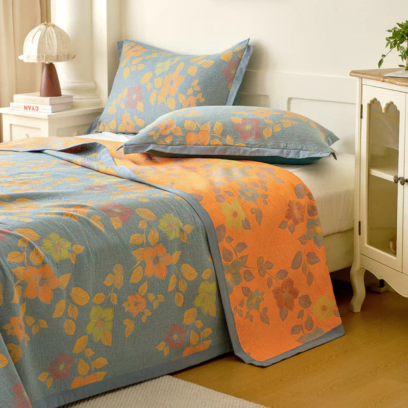 100% Cotton Quilt for Bed - Reversible with Leaf Floral Pattern