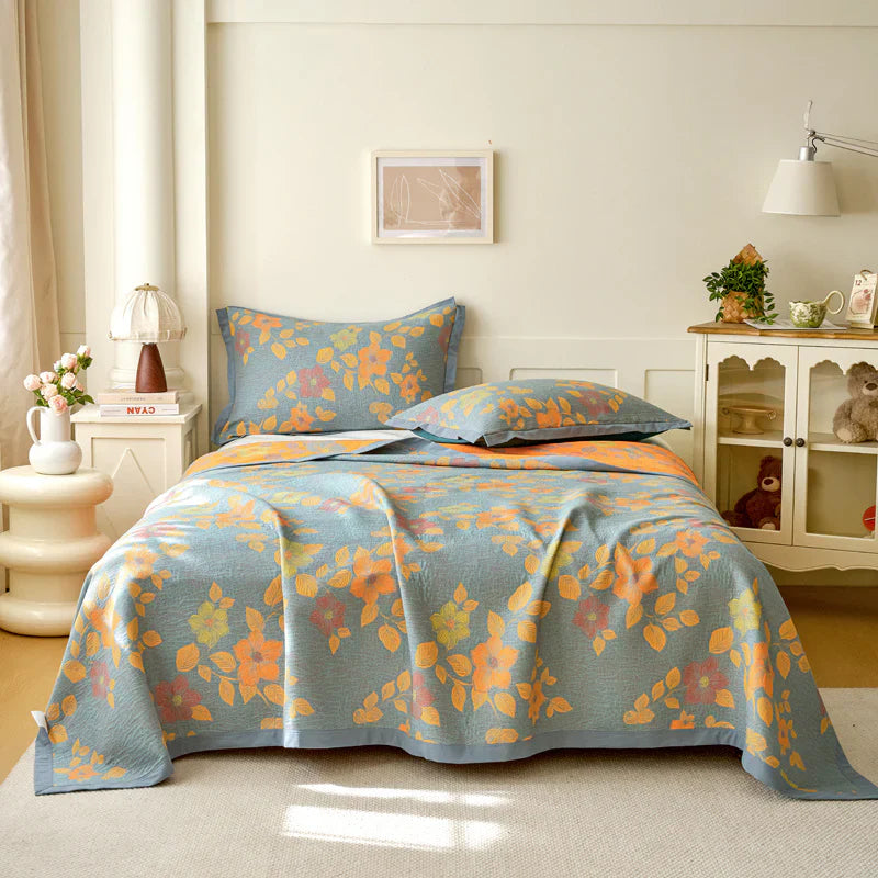 100% Cotton Quilt for Bed - Reversible with Leaf Floral Pattern