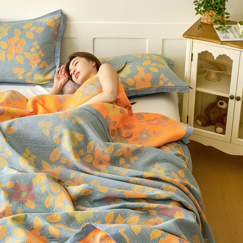 100% Cotton Quilt for Bed - Reversible with Leaf Floral Pattern