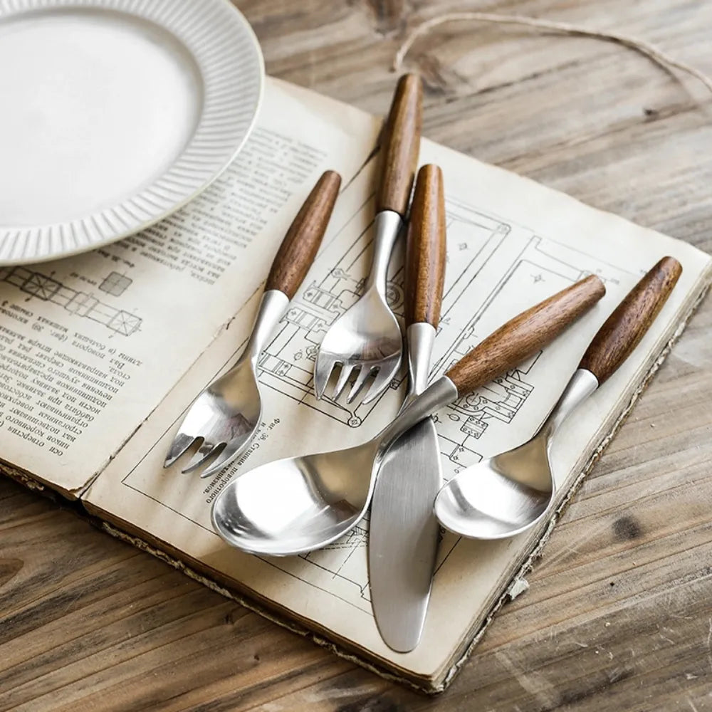 Wood Handle Flatware Set - 304 Stainless Steel Japanese Style