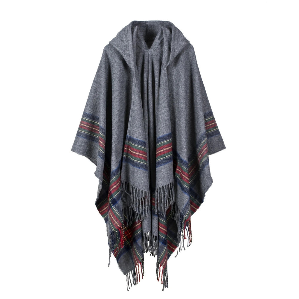 Acrylic Hooded Striped Poncho Shawl Slate Heritage