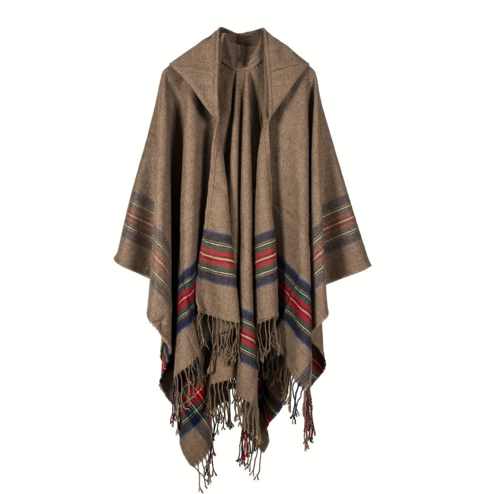 Acrylic Hooded Striped Poncho Shawl Earth Rustic