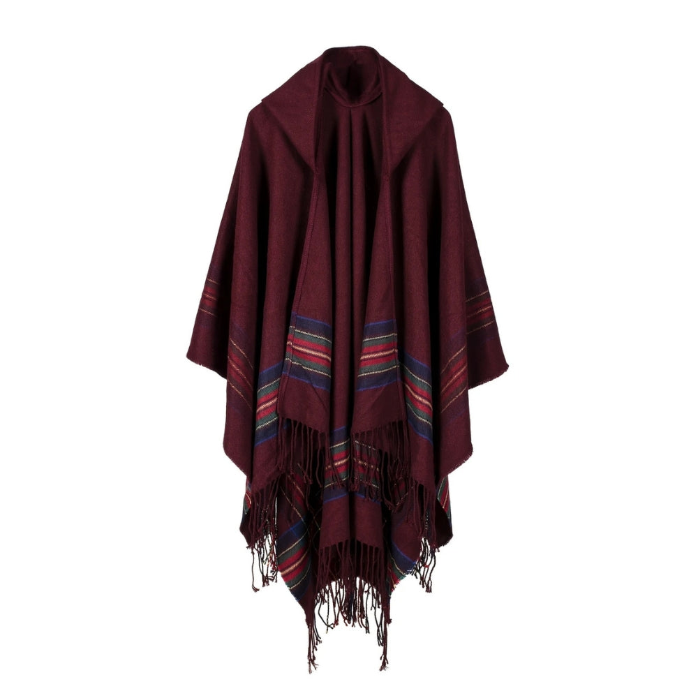 Acrylic Hooded Striped Poncho Shawl Wine Classic