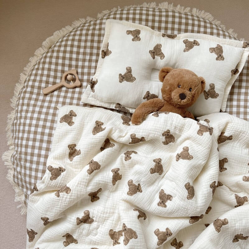 Teddy Bear Baby Quilt – Soft Cotton Gauze Nursery Bedding