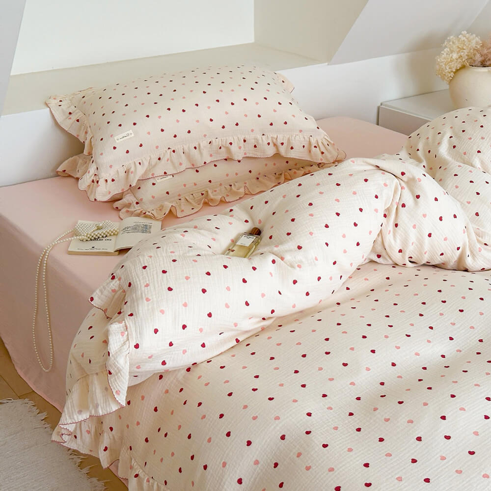 Pink Heart Duvet Cover Set – Ruffled Cotton Muslin