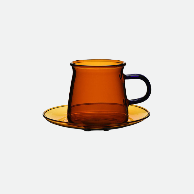 Alfie Contrast Handle Colored Glass Cup & Saucer Amber