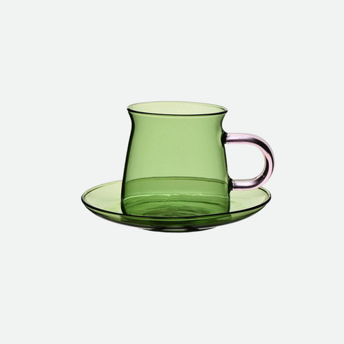 Alfie Contrast Handle Colored Glass Cup & Saucer Green