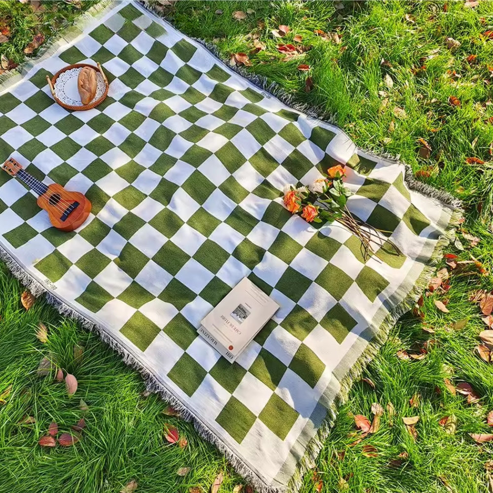 All-Season Checkered Picnic Blanket with Fringe Forest plaid
