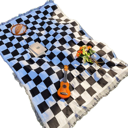 All-Season Checkered Picnic Blanket with Fringe Midnight plaid