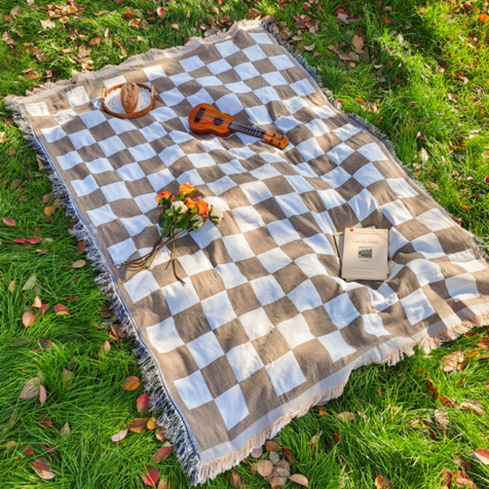 All-Season Checkered Picnic Blanket with Fringe Rustic plaid