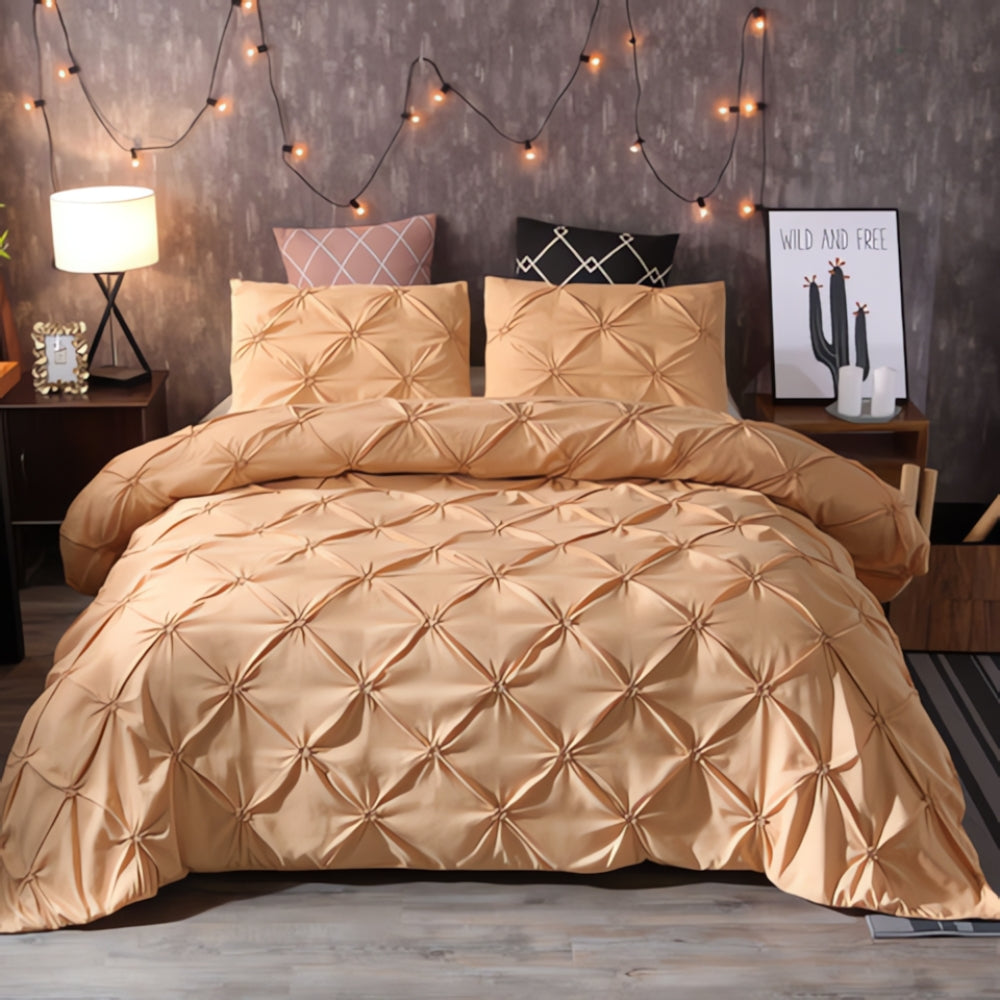 Amore Luxury Pinch Pleat Duvet Cover Set Golden Beige