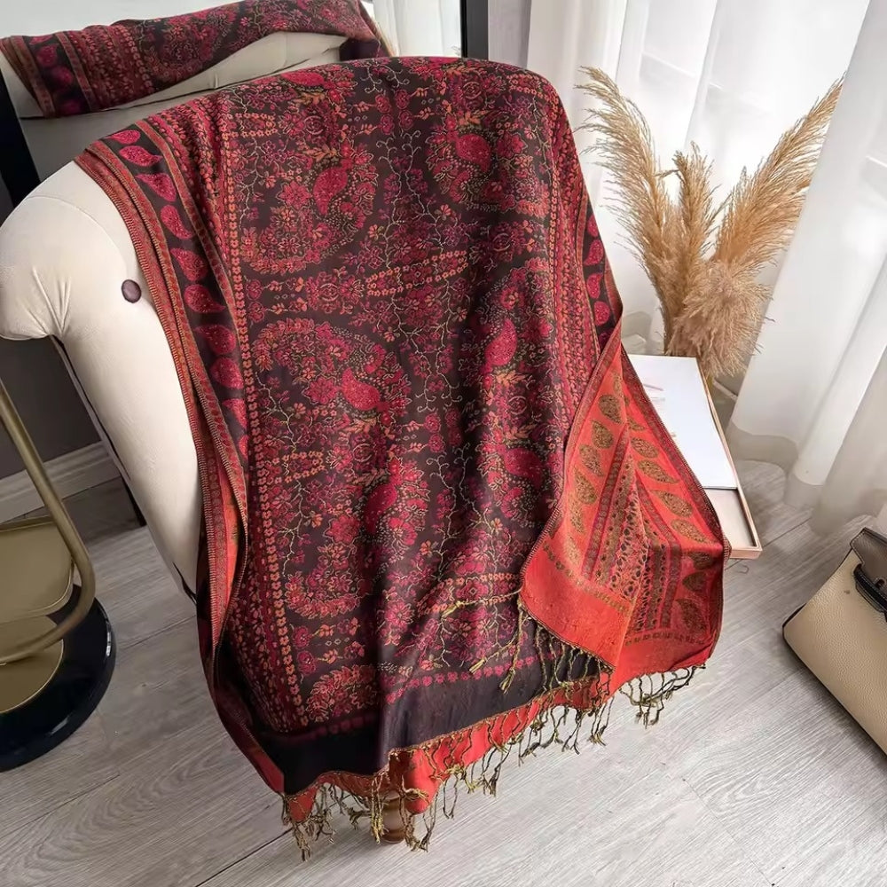 Artisan Boho Bloom Shawl Scarf Crimson Weave