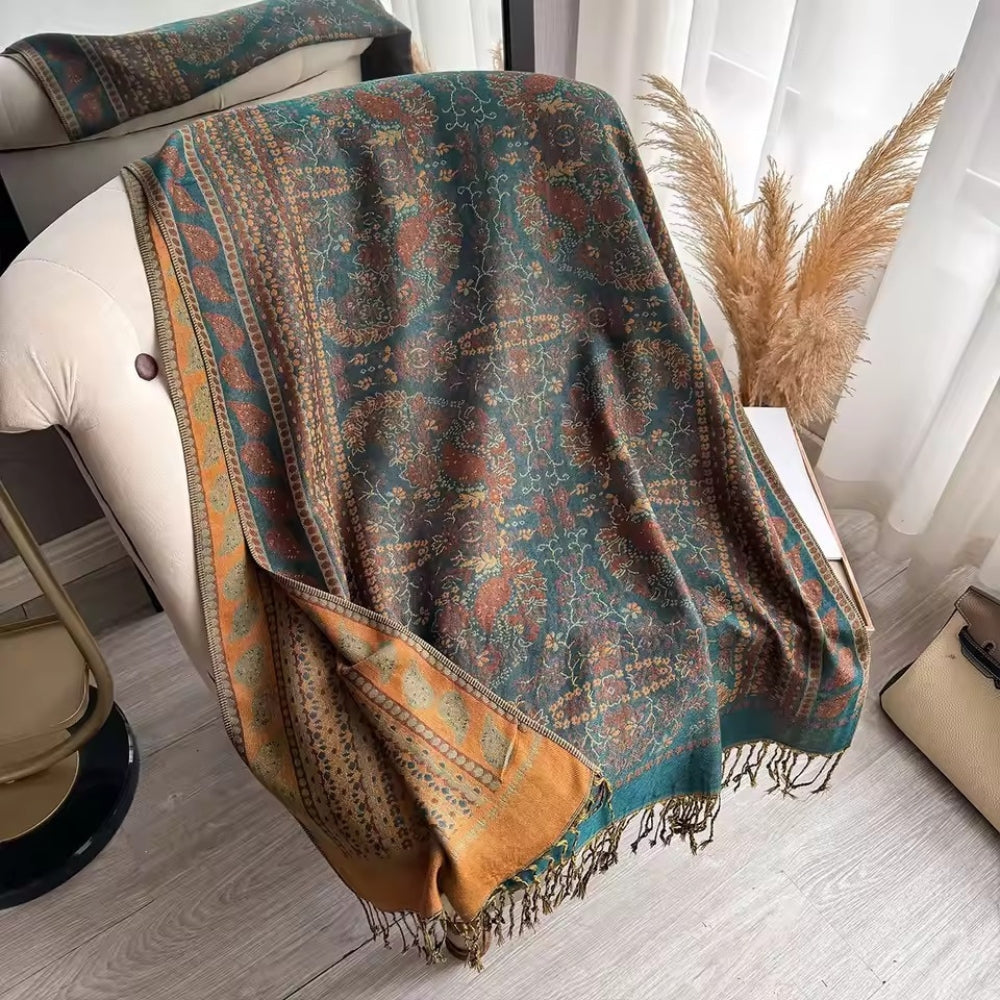 Artisan Boho Bloom Shawl Scarf Emerald Weave