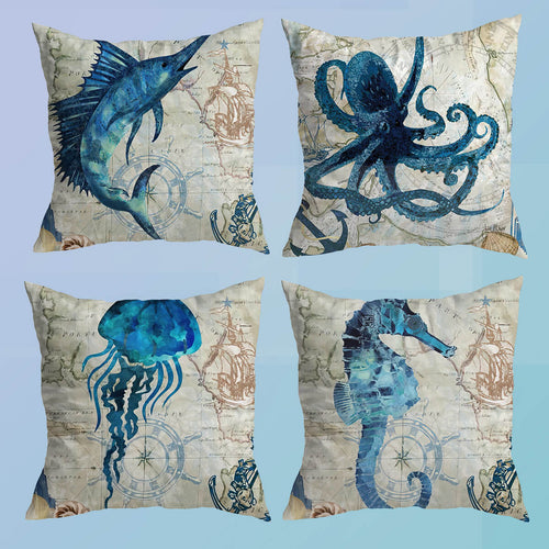 Atlantic Ocean Life Cushion Covers 4 Pack Bundle (Save More)