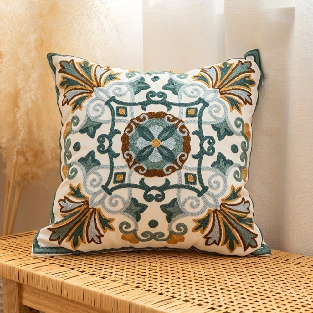 Aurae Embroidered Vintage Cushion Cover Emerald Crest