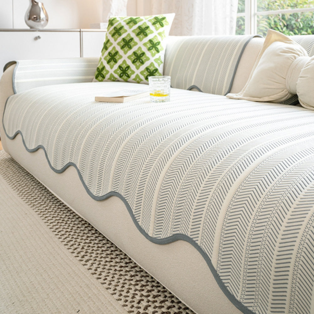 Aurivelle Herringbone Scallop Edge Sofa Cover Mist Chevron