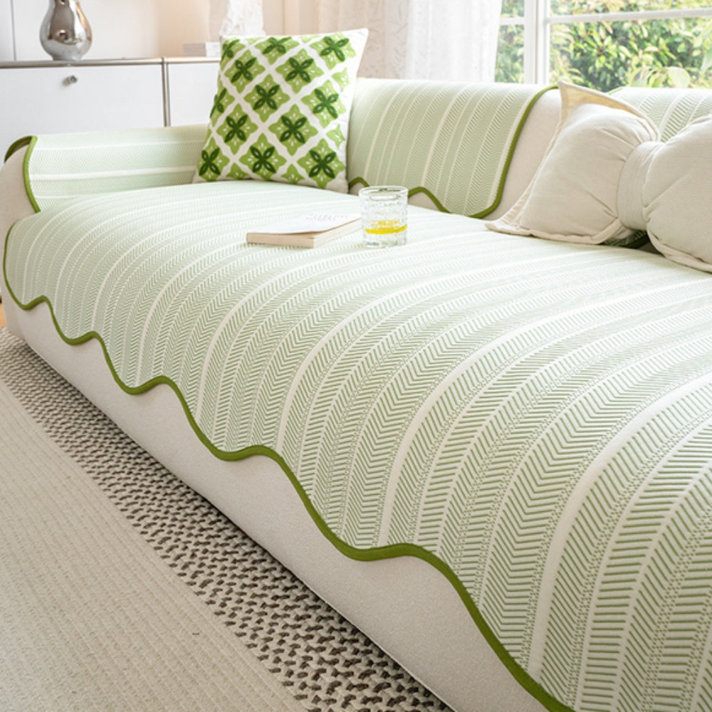 Aurivelle Herringbone Scallop Edge Sofa Cover Sage Stripe