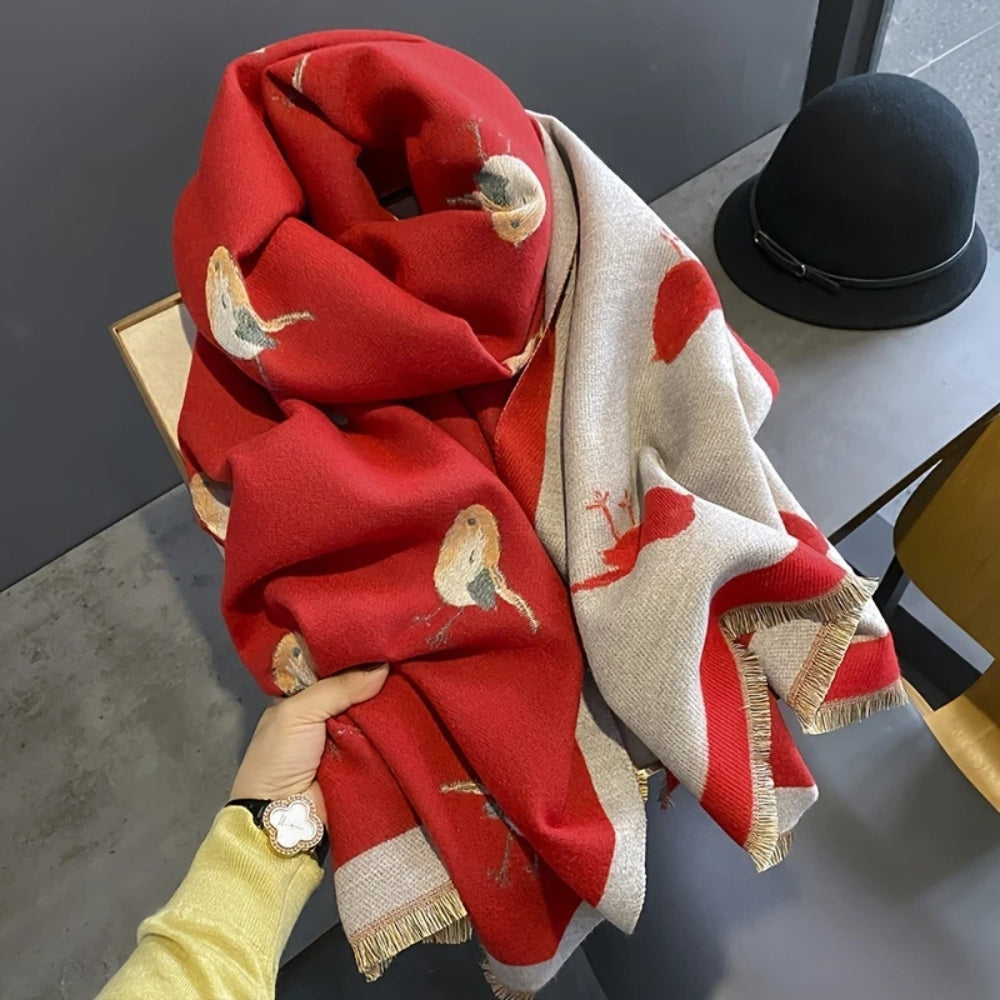 Aviary Breathable Bird Jacquard Shawl Crimson Robin