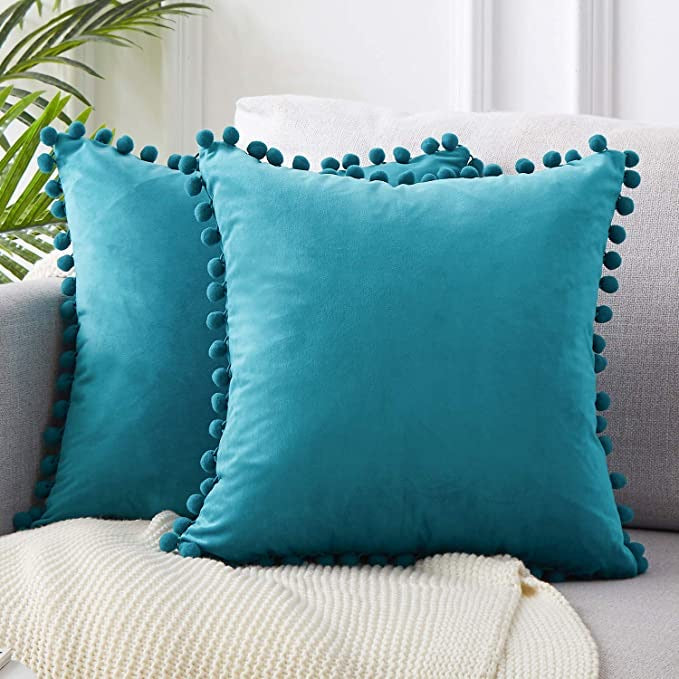 Velvet Pom Pom Cushion Covers 2 Pack Teal