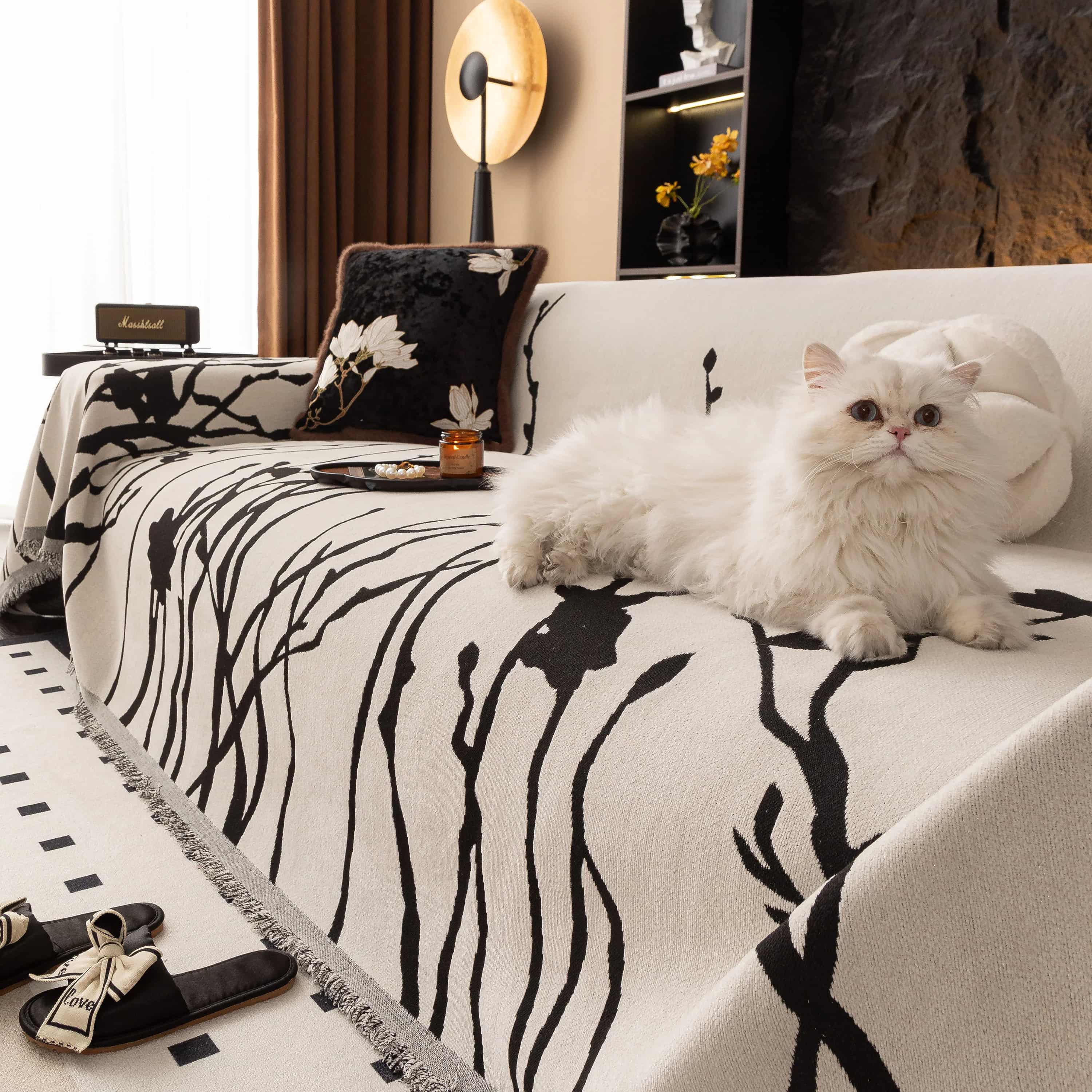 Pet & Kid Friendly Couch Cover - Anti-Scratch Dried Branch Pattern White