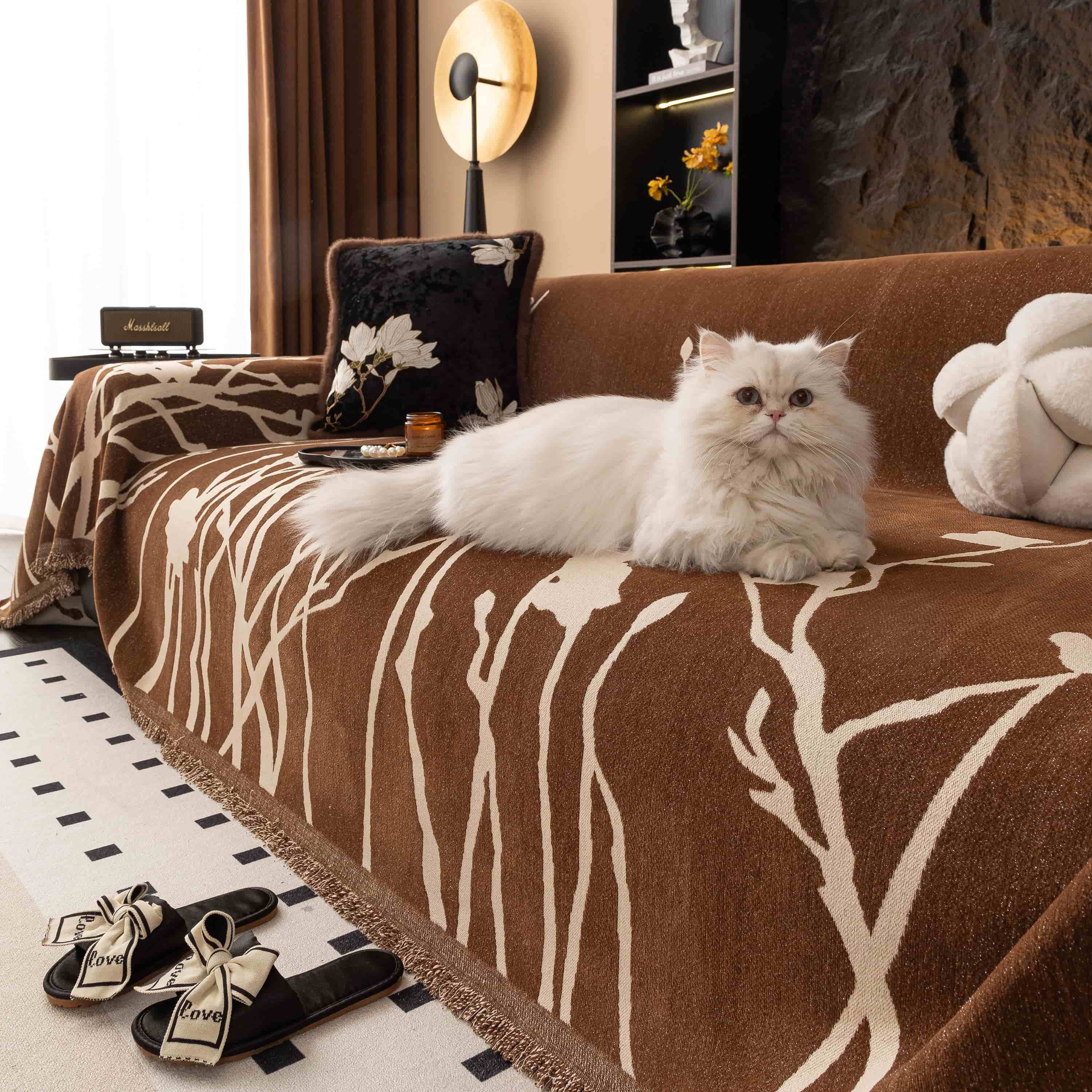 Pet & Kid Friendly Couch Cover - Anti-Scratch Dried Branch Pattern Brown