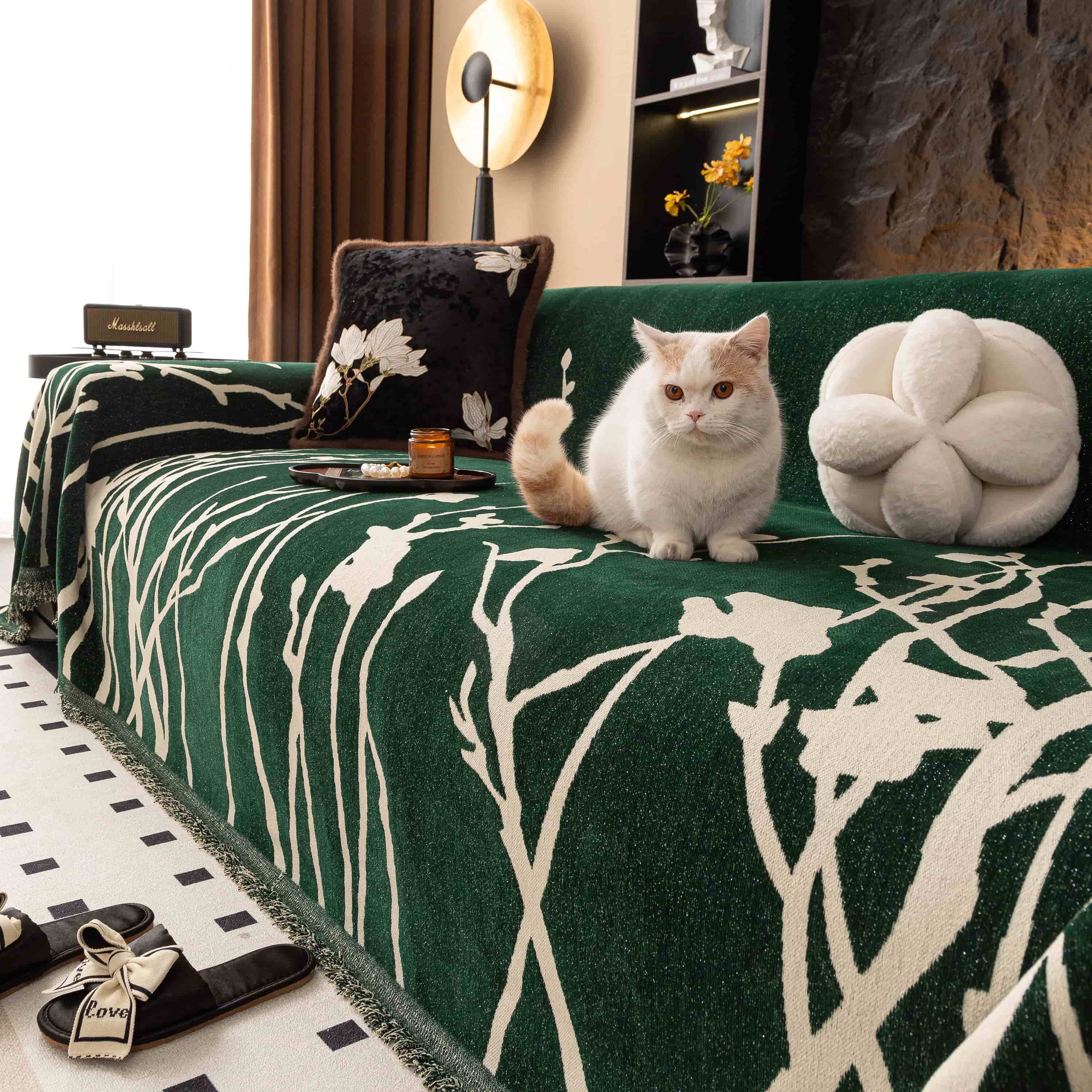 Pet & Kid Friendly Couch Cover - Anti-Scratch Dried Branch Pattern Green