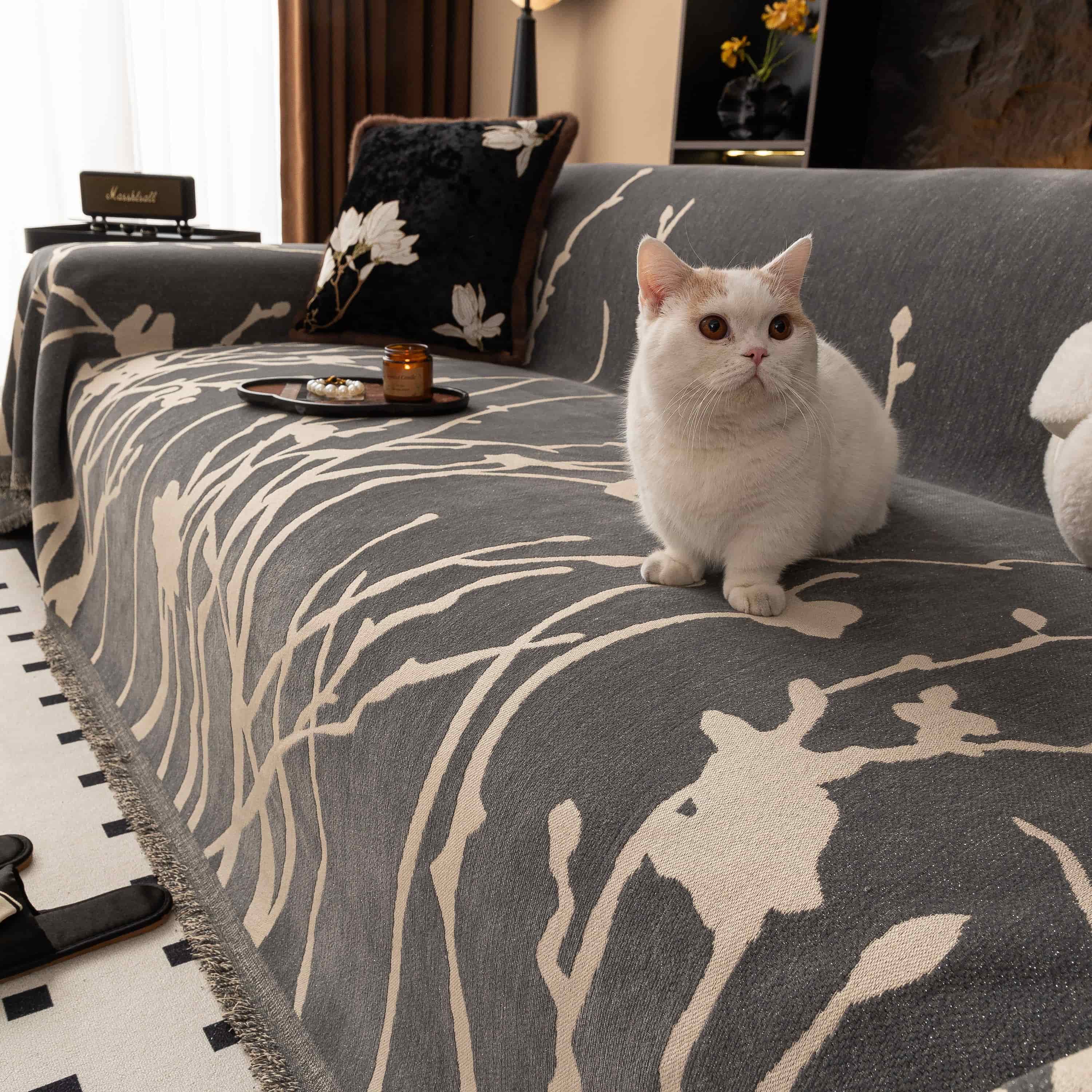 Pet & Kid Friendly Couch Cover - Anti-Scratch Dried Branch Pattern Gray
