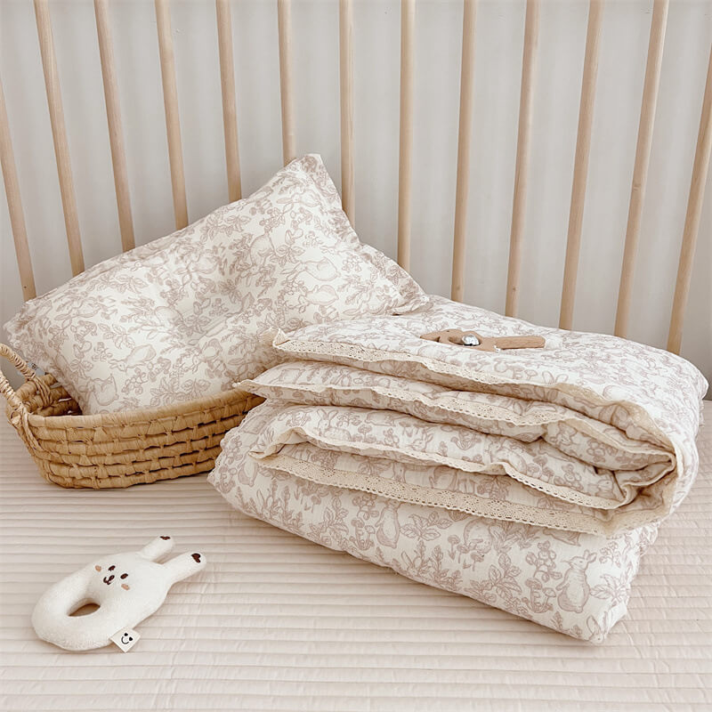 Woodland Baby Comforter – Muslin with Lace Trim & Fill