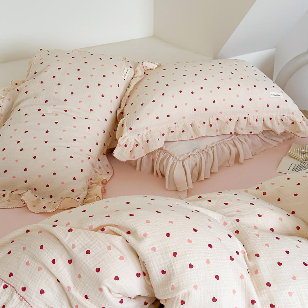 Pink Heart Duvet Cover Set – Ruffled Cotton Muslin