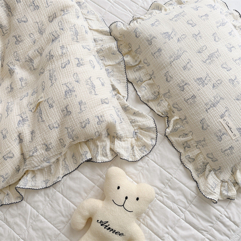 Animal Theme Ruffle Duvet Cover Set – Cotton Muslin Kitty