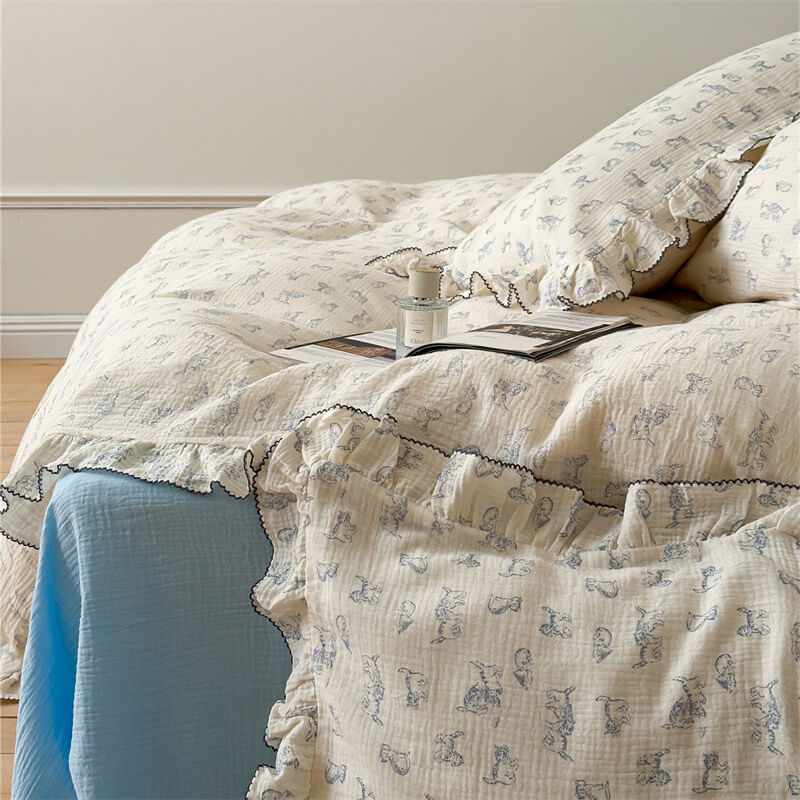 Blue Cat Print Duvet Cover – Cotton Gauze with Ruffles