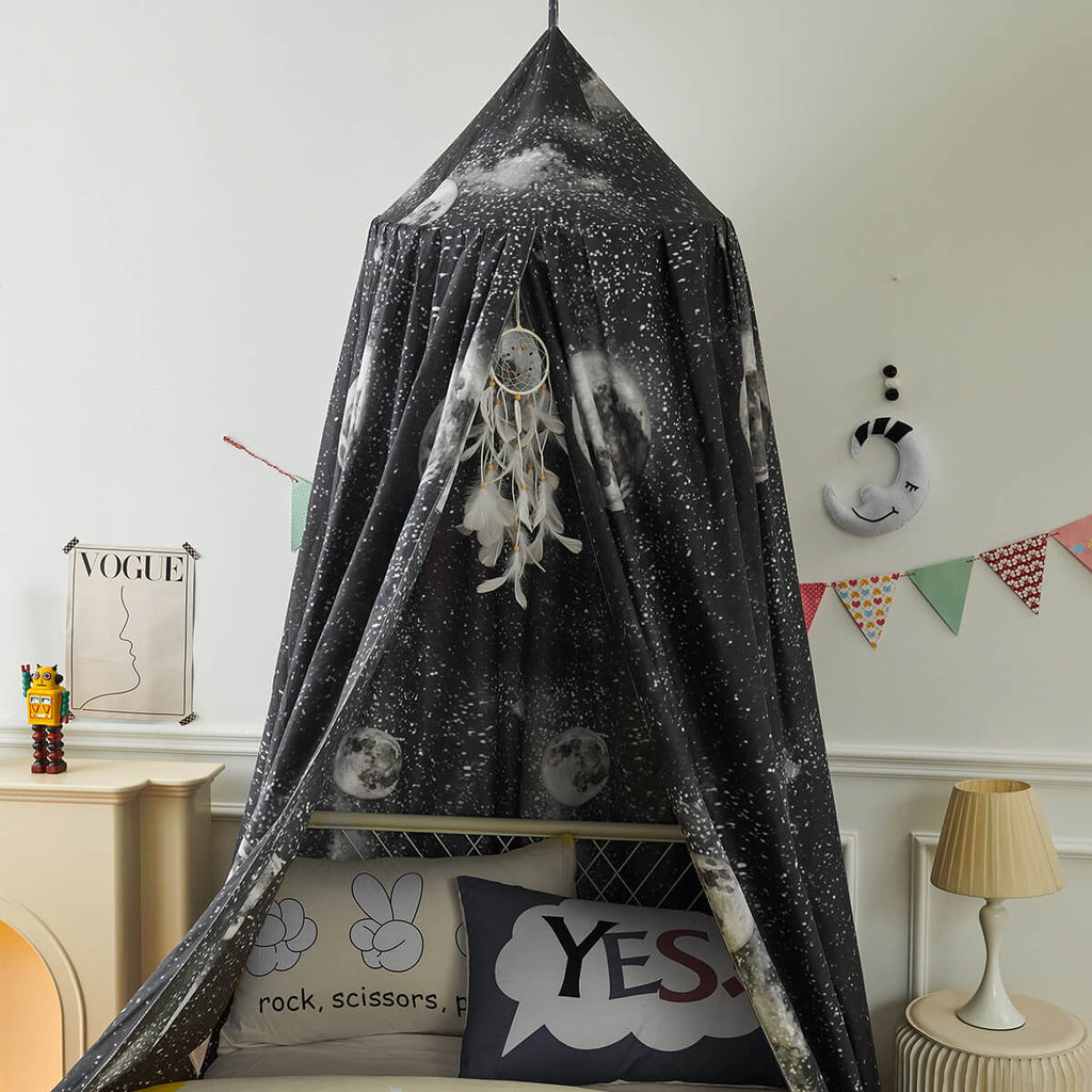 Black Galaxy Kids Bed Canopy — Moon & Stars Design