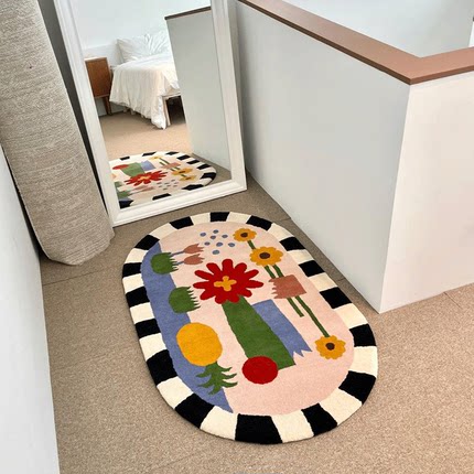 Black White Edge Abstract Area Rug & Mat Pink Flowers
