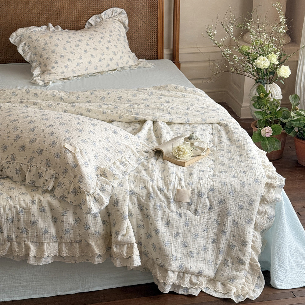 Ruffled Blue Floral Comforter – Soft Cotton for Kids