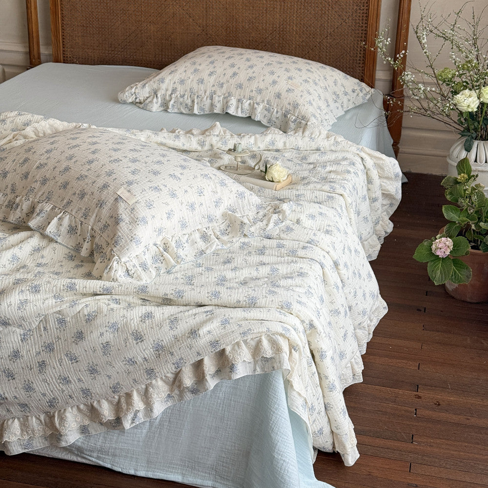 Ruffled Blue Floral Comforter – Soft Cotton for Kids