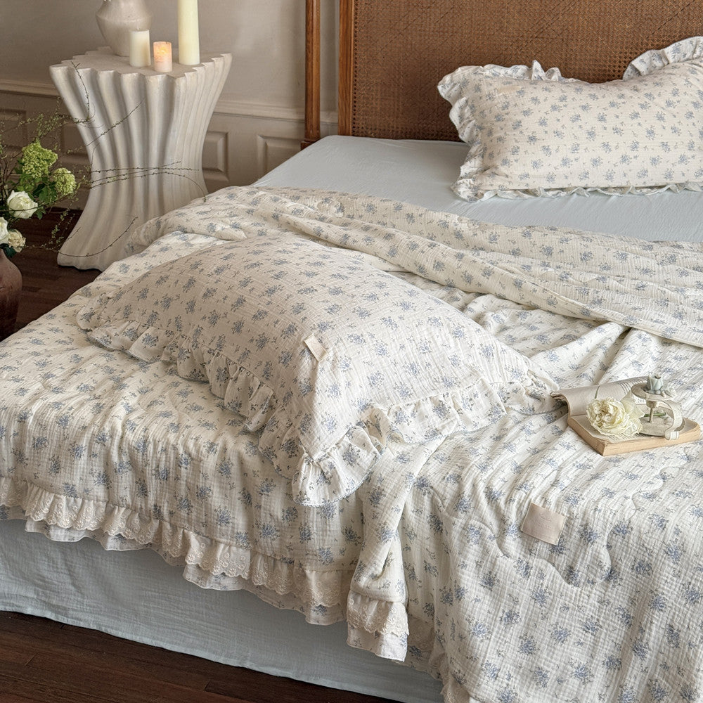 Ruffled Blue Floral Comforter – Soft Cotton for Kids