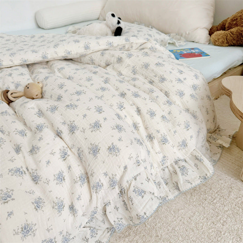 Cotton Gauze Duvet Cover Set – Blue Floral with Ruffles