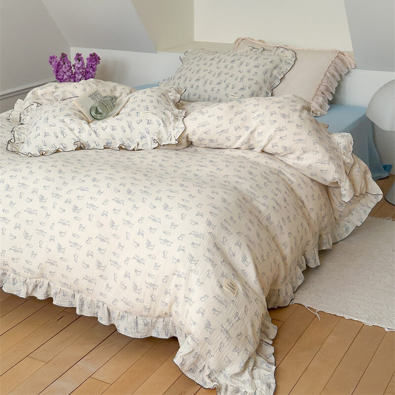 Blue Cat Print Duvet Cover – Cotton Gauze with Ruffles