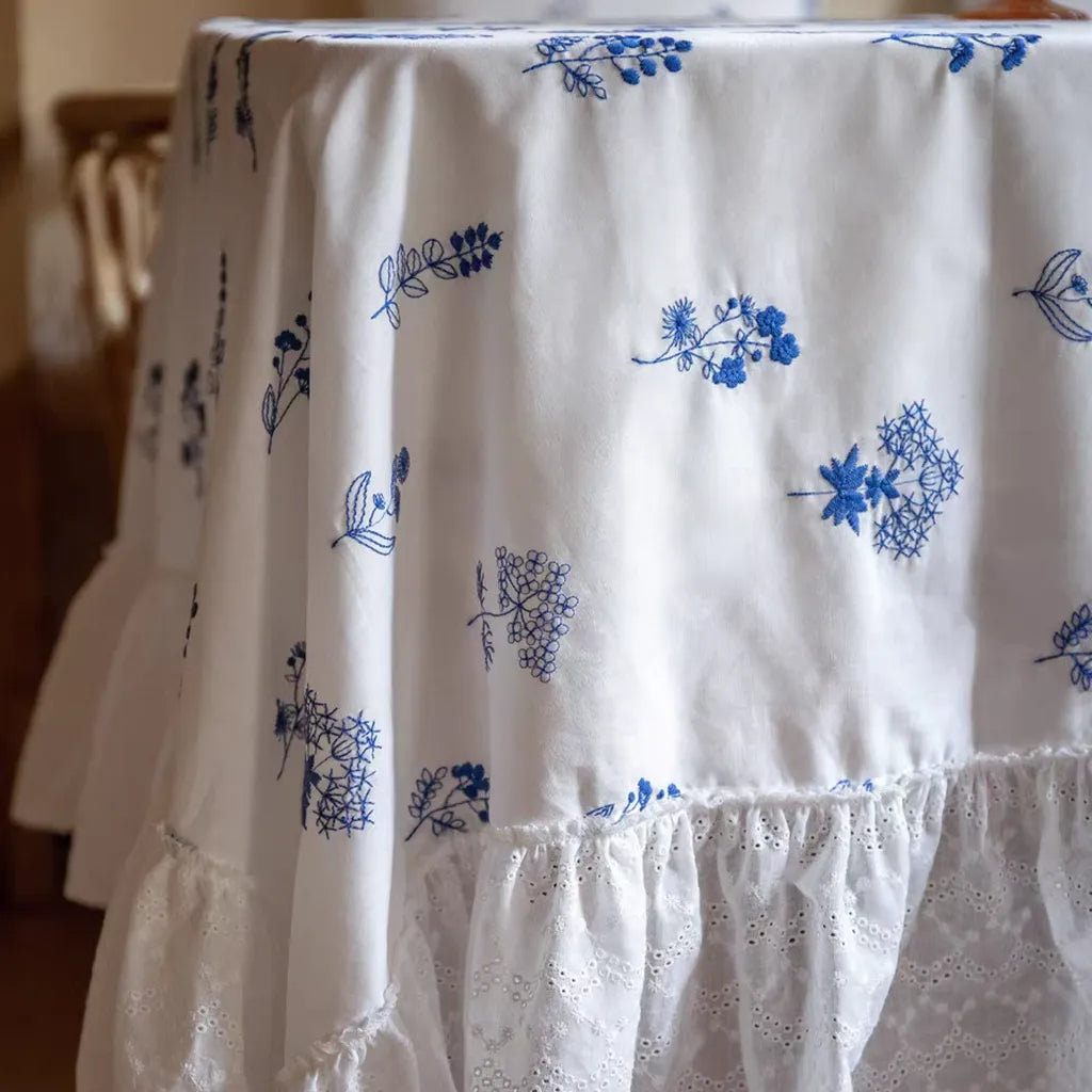 Blue Floral Embroidered Tablecloth