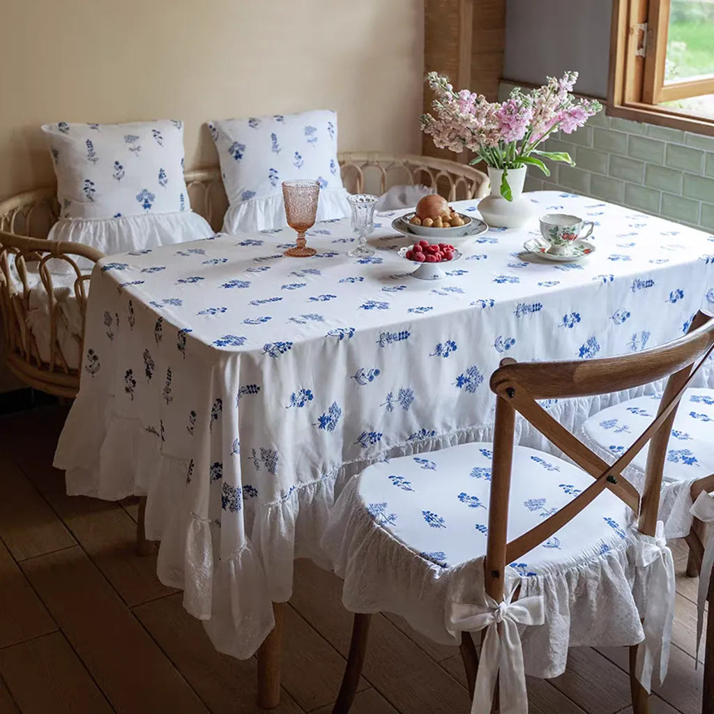 Blue Floral Embroidered Tablecloth