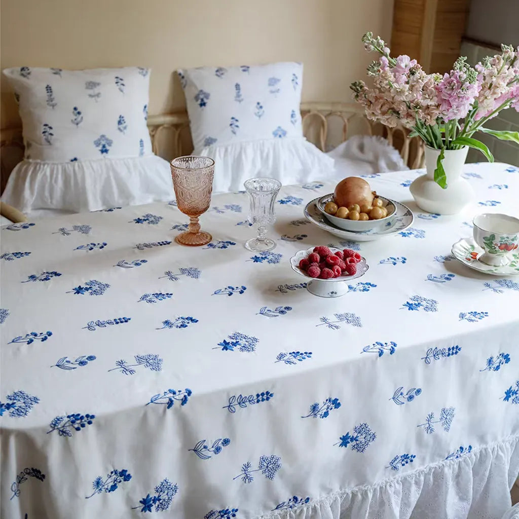 Blue Floral Embroidered Tablecloth