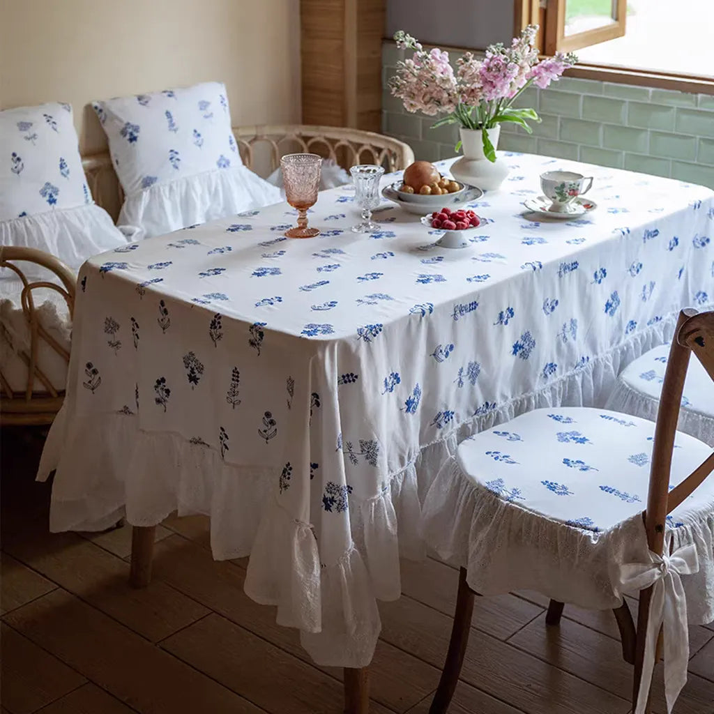 Blue Floral Embroidered Tablecloth