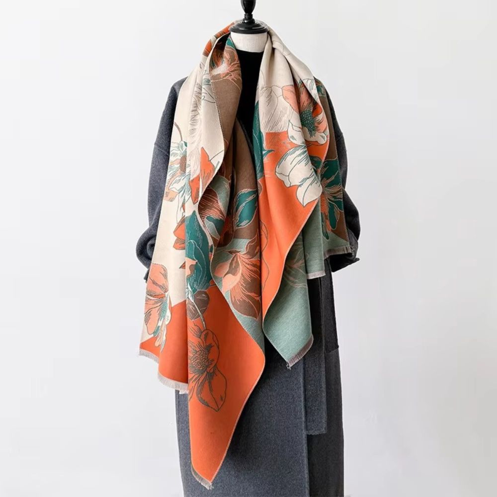 Fashion Bloom Reversible Floral Shawl Warm Orange