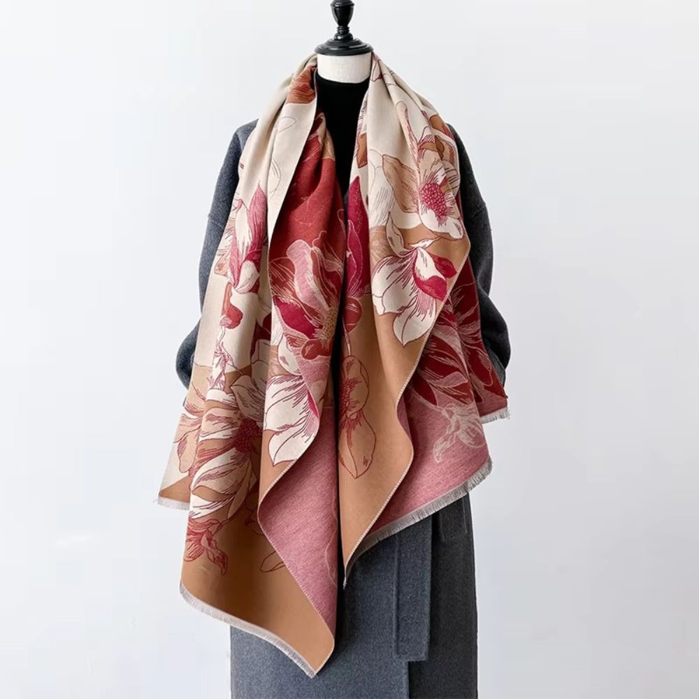 Fashion Bloom Reversible Floral Shawl Rich Red