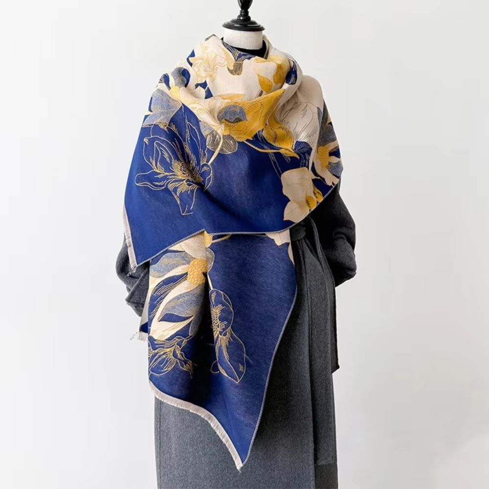 Fashion Bloom Reversible Floral Shawl Deep Blue