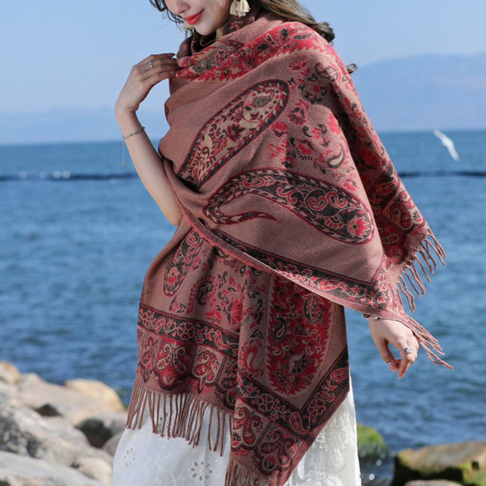 Bohemian Paisley Tassel Winter Shawl Wrap Brown Paisley