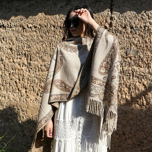 Bohemian Paisley Tassel Winter Shawl Wrap Beige Paisley