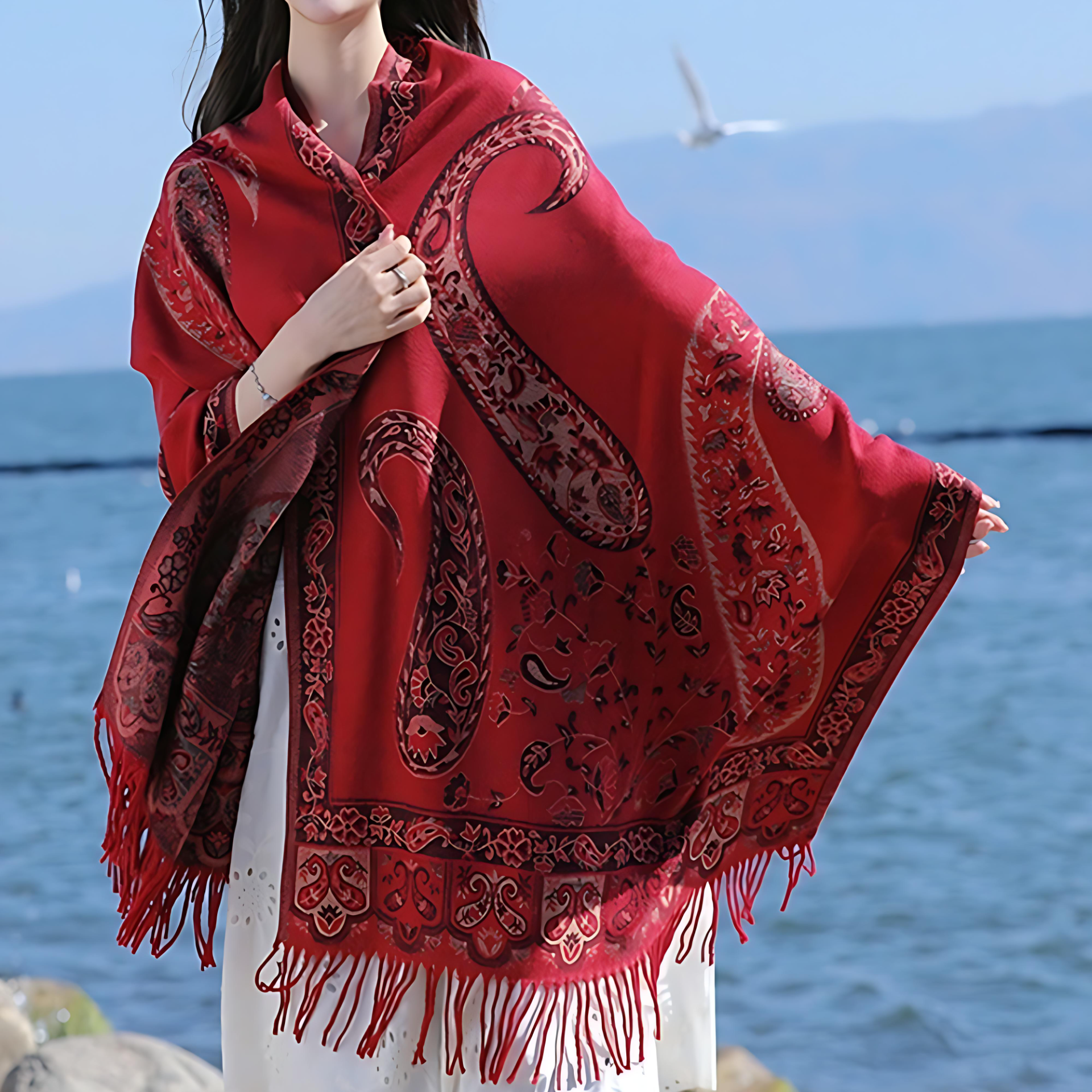 Bohemian Paisley Tassel Winter Shawl Wrap Red Paisley
