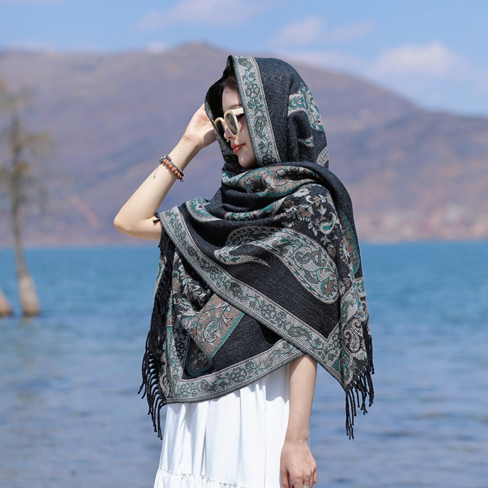 Bohemian Paisley Tassel Winter Shawl Wrap Black Paisley