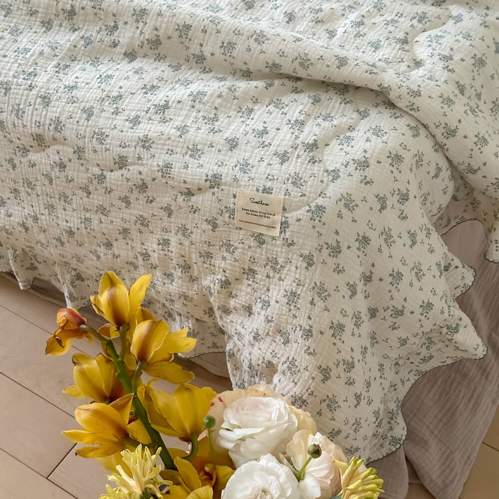 Sage Green Floral Muslin Quilt – Ruffle Edge Cotton Bedding